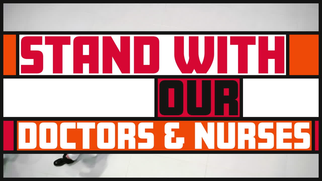 animación de texto en banderas coloridas sobre un grupo de médicos caucásicos caminando