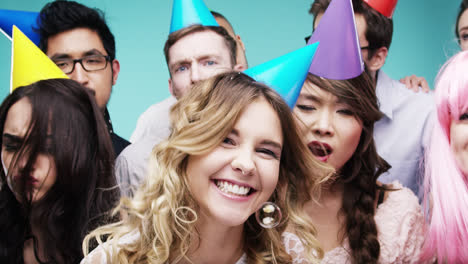 multi racial group of happy people dancing with bubbles slow motion party photo booth