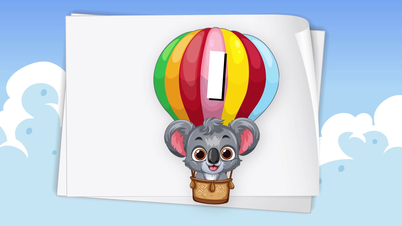 Søt tegneseriekoala svever i en stripete ballong over hvit papir og blå himmel bakgrunn.