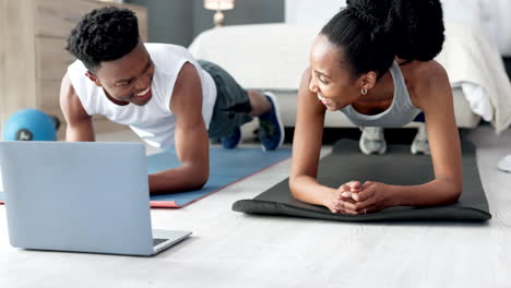 couple exercise, fitness or training with laptop