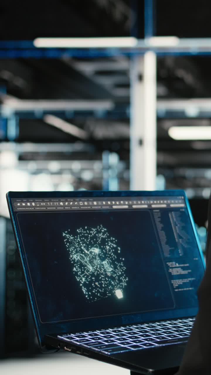 Vertical video Data center female programmer using AI LLM model on laptop