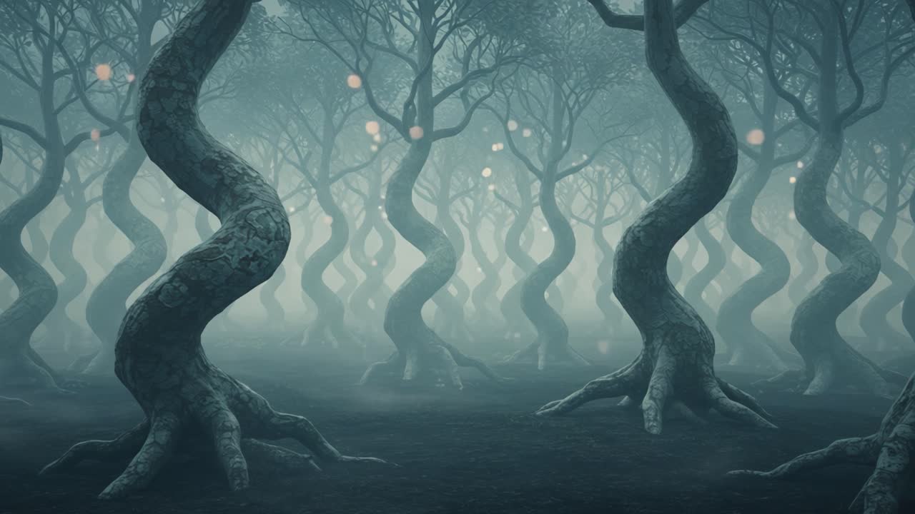 En mystisk skov med forvredne træer indhyllet i tåge, der udstråler en fortryllende atmosfære med glødende kugler og en drømmeagtig kvalitet, perfekt til fantasy-billeder.