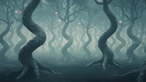 a mystical forest of twisted trees shrouded in fog, embodying an enchanting atmosphere with glowing orbs and a dreamlike quality, perfect for fantasy imagery