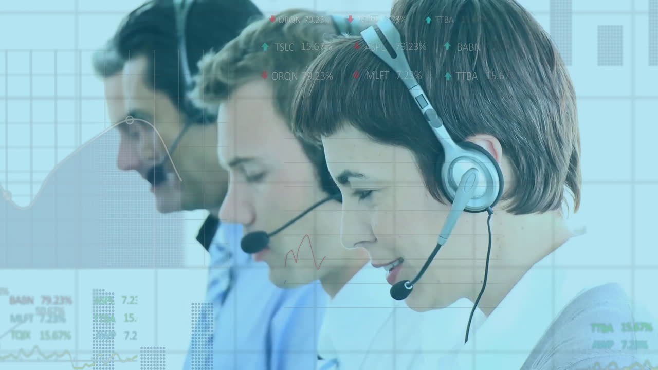 Animation of data processing and diagrams over diverse colleagues using phone headset