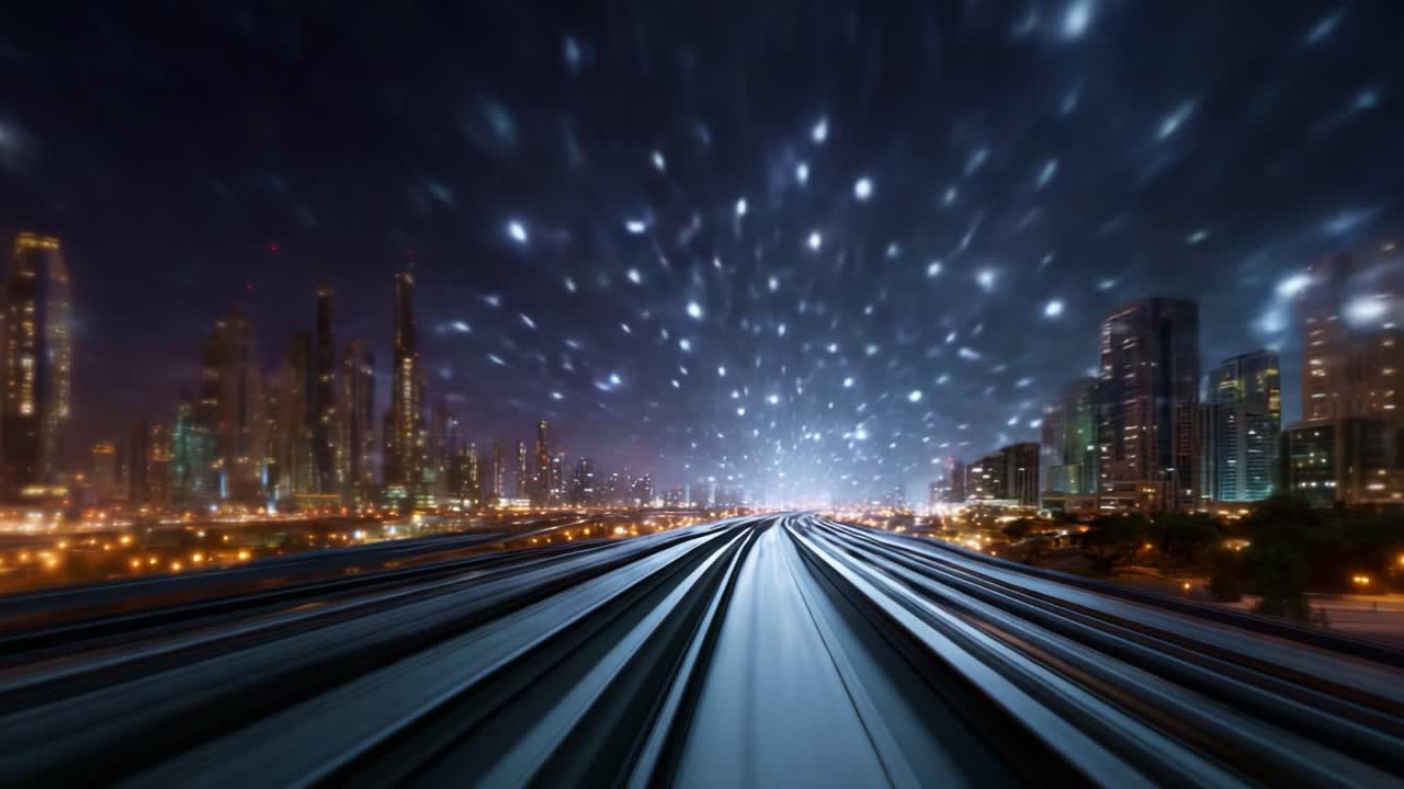 Una vista affascinante di un paesaggio urbano futuristico di notte, caratterizzato da luci vivaci e un effetto di motion blur, che trasmette un senso di velocità ed energia urbana in movimento