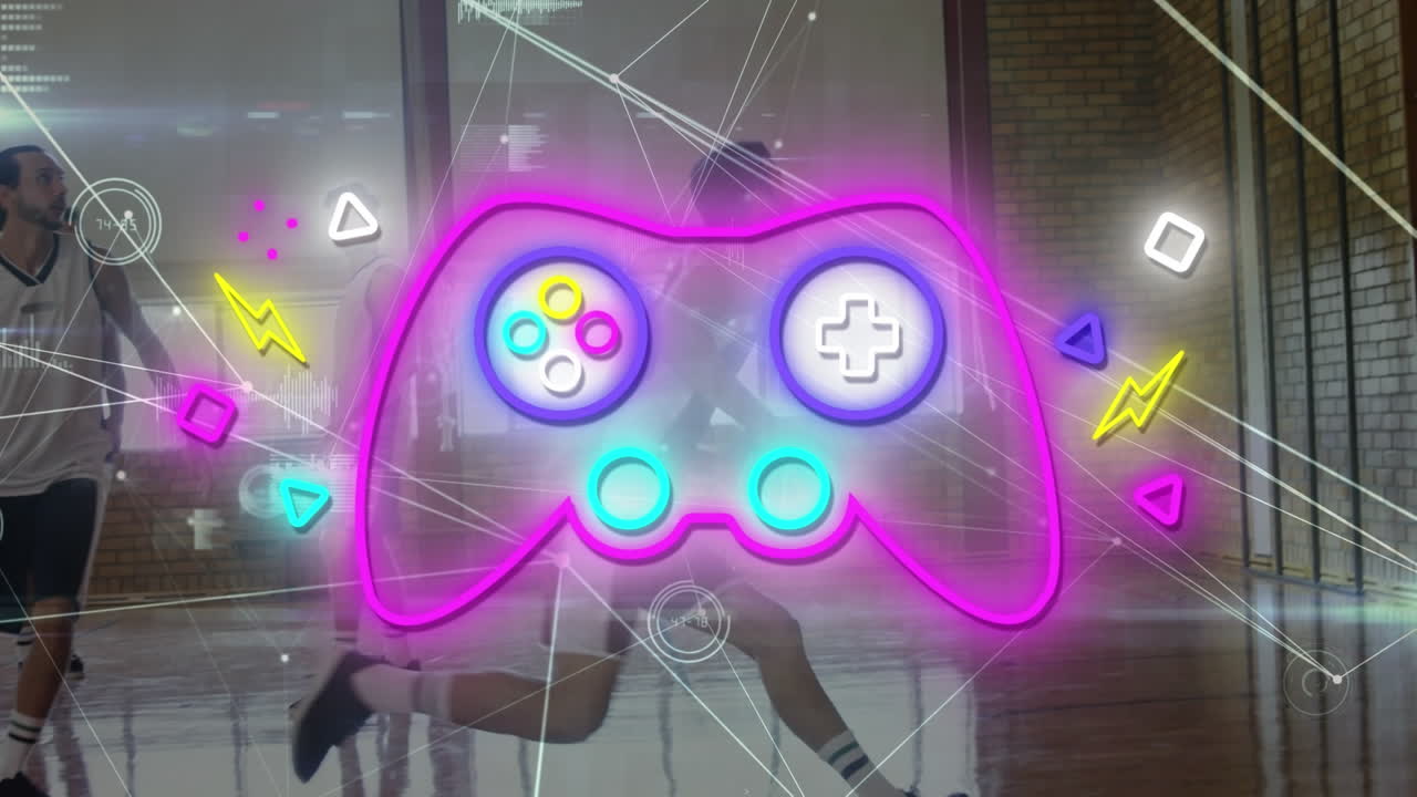 코트에서 다양한 남자 농구 선수들을 위한 네온 게임 패드의 애니메이션