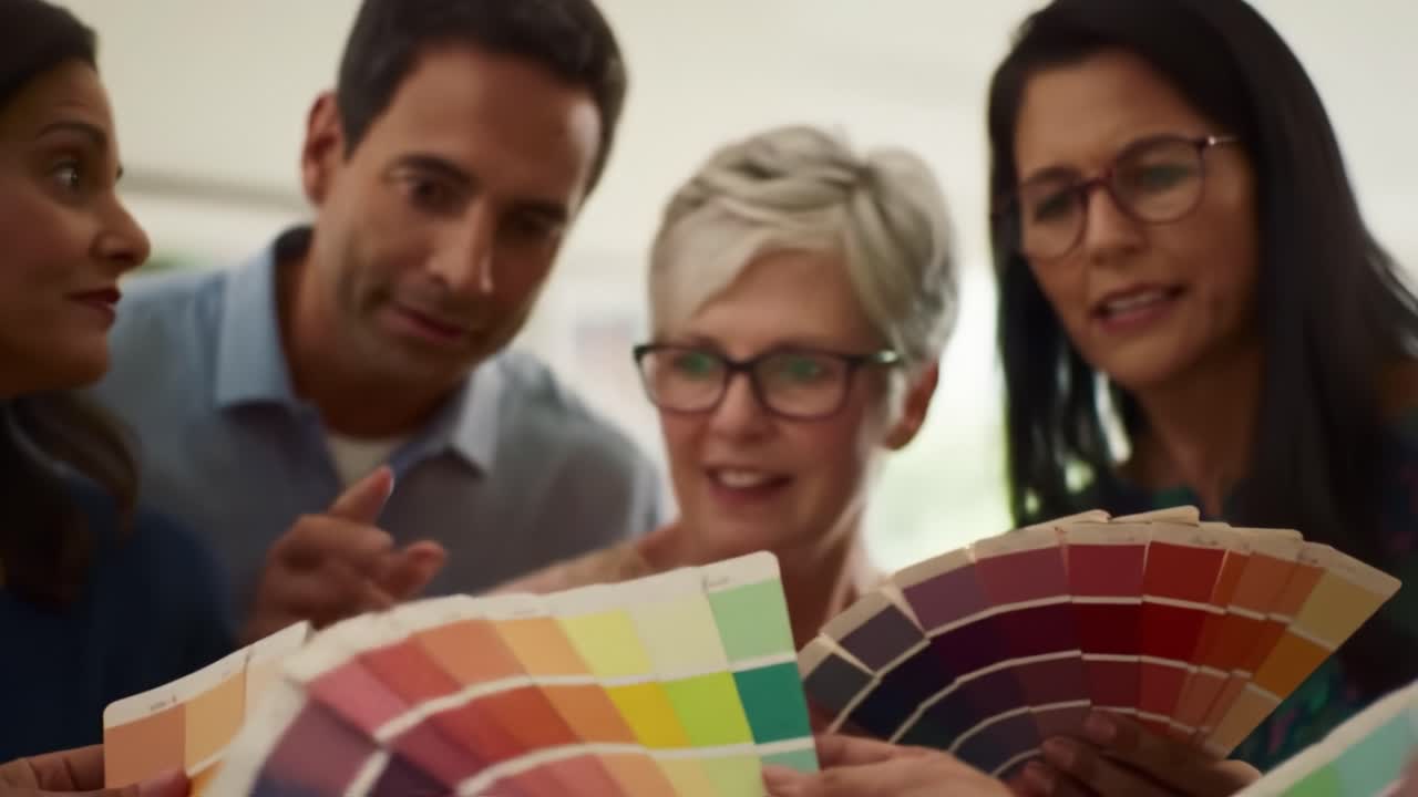 Engaged discussion among a diverse group examining a variety of color swatches displayed during a creative brainstorming session in an inspiring environment