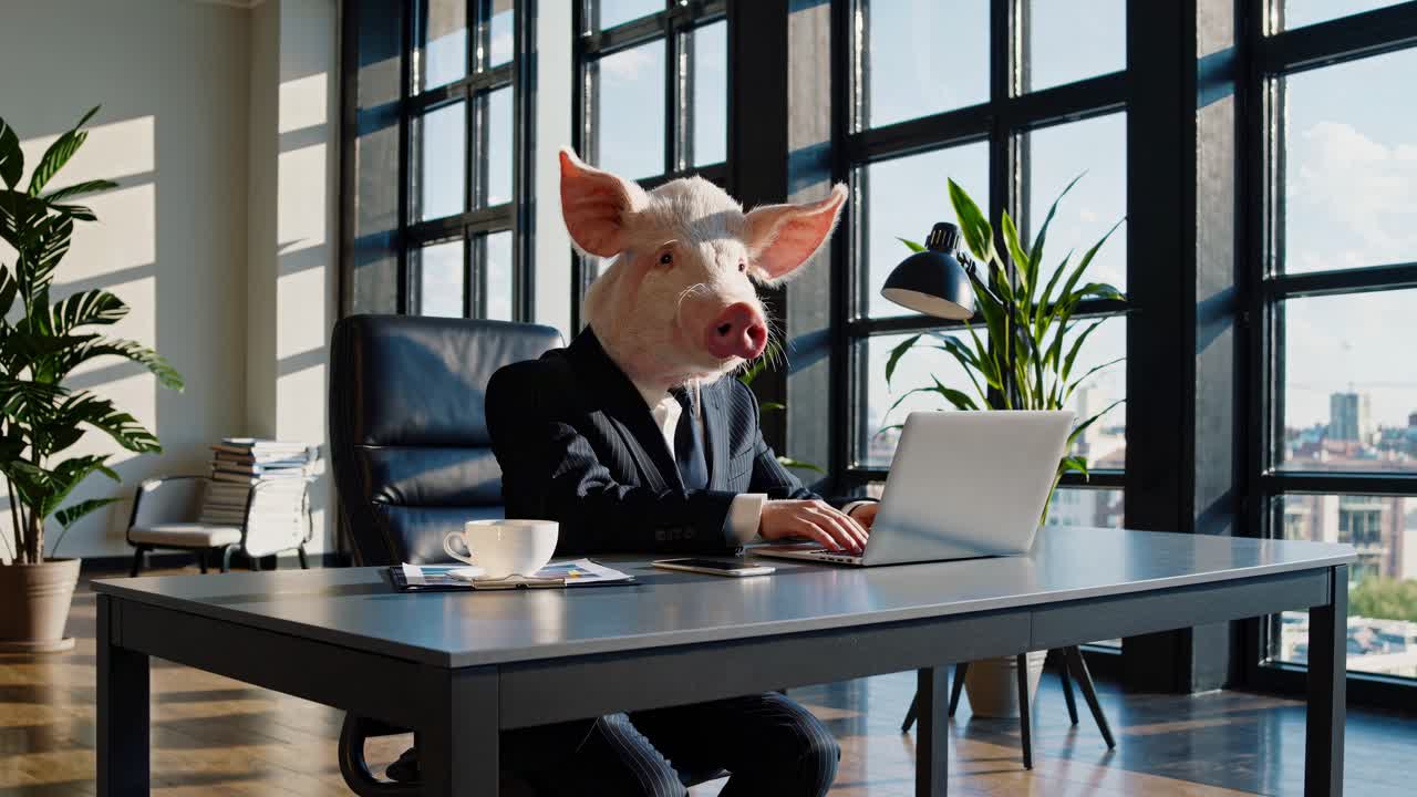 A surreal video concept with a person in a pig mask working at a desk