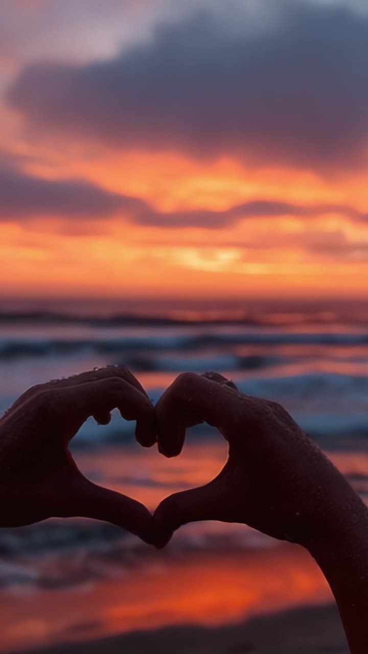 A Serene Sunset Over Ocean Waves as Hands Form a Heart Shape Silhouetted Against the Vibrant Sky, Capturing the Essence of Love and Nature's Beauty