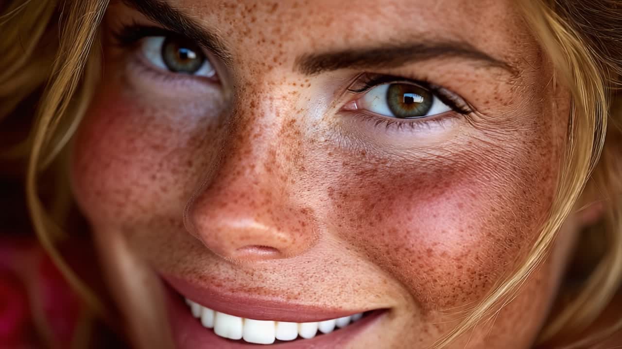 Captivating Transformation: A Journey from Serenity to Joy through the Expressive Faces of a Freckled Beauty