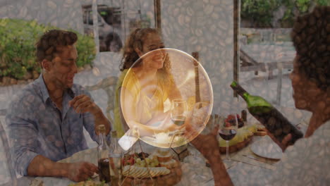 three friends sipping wine with charcuterie board in food marketing, showing coffee bean overlay