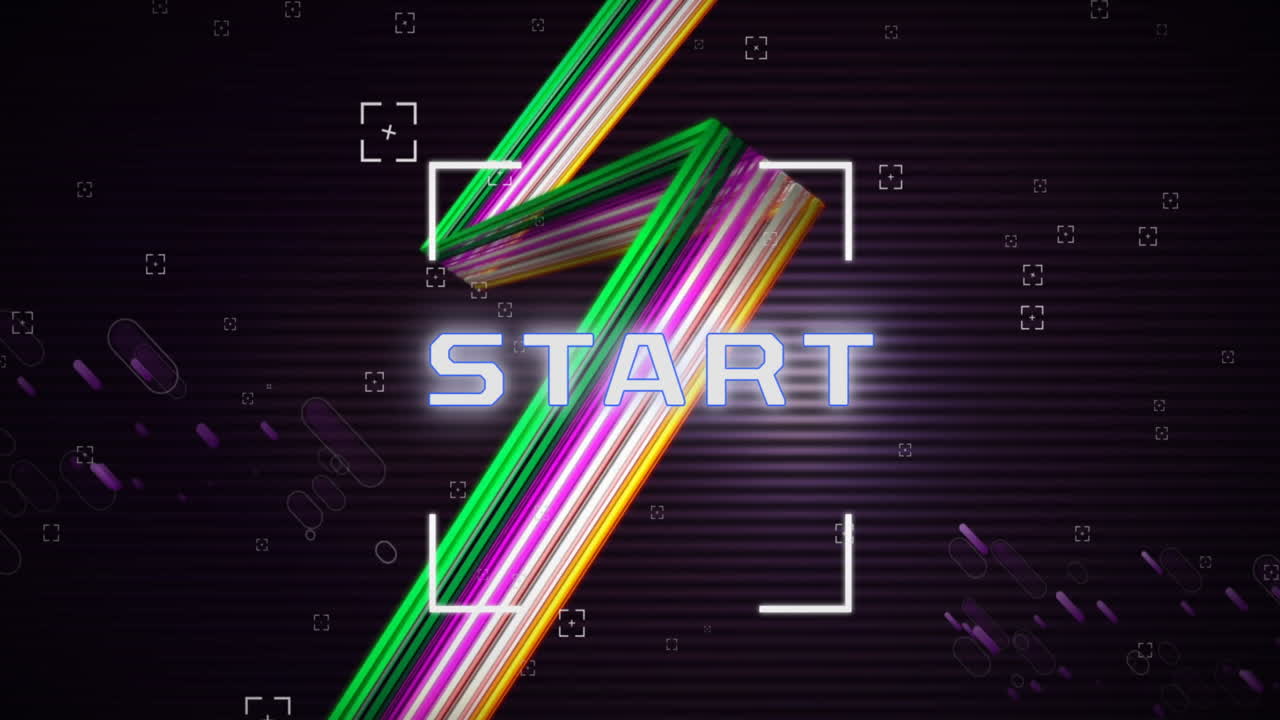 animación del texto de inicio en el visor sobre líneas multicolores contra los visores, patrón abstracto