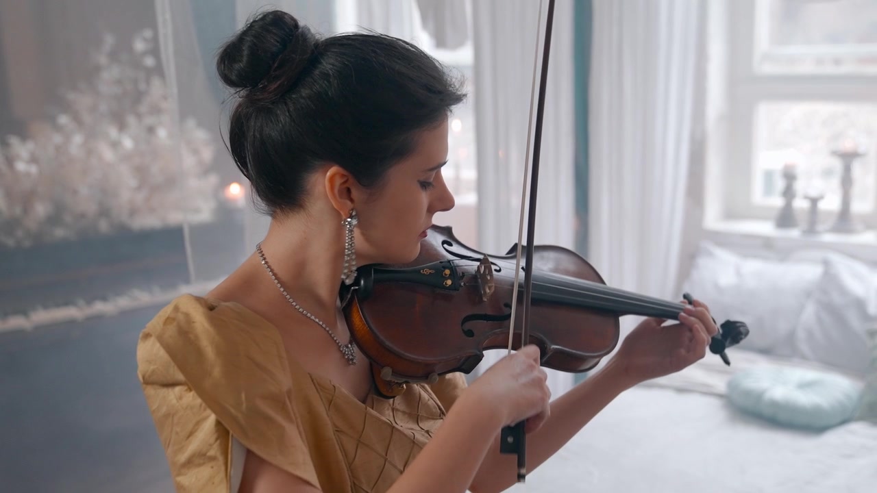 Donna elegante che suona il violino in un ambiente classico