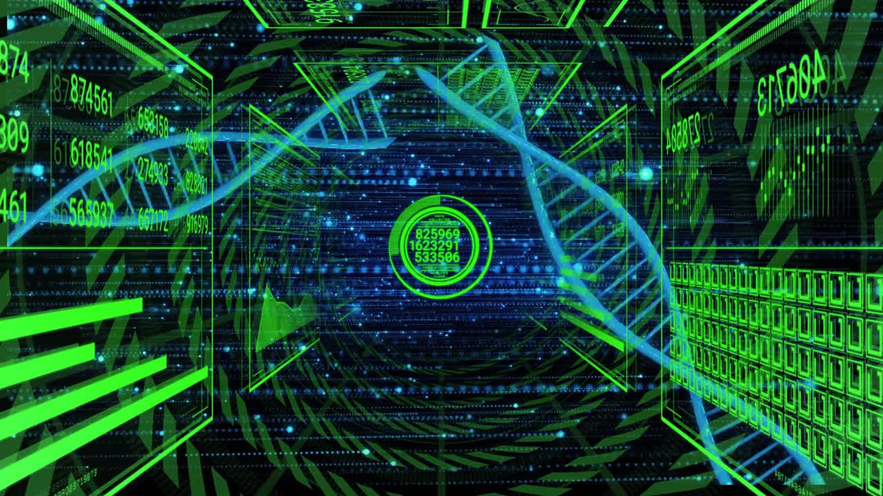 Vertical video: Blue helix entering left sweeping cube tunnel reticle updating digits showing data