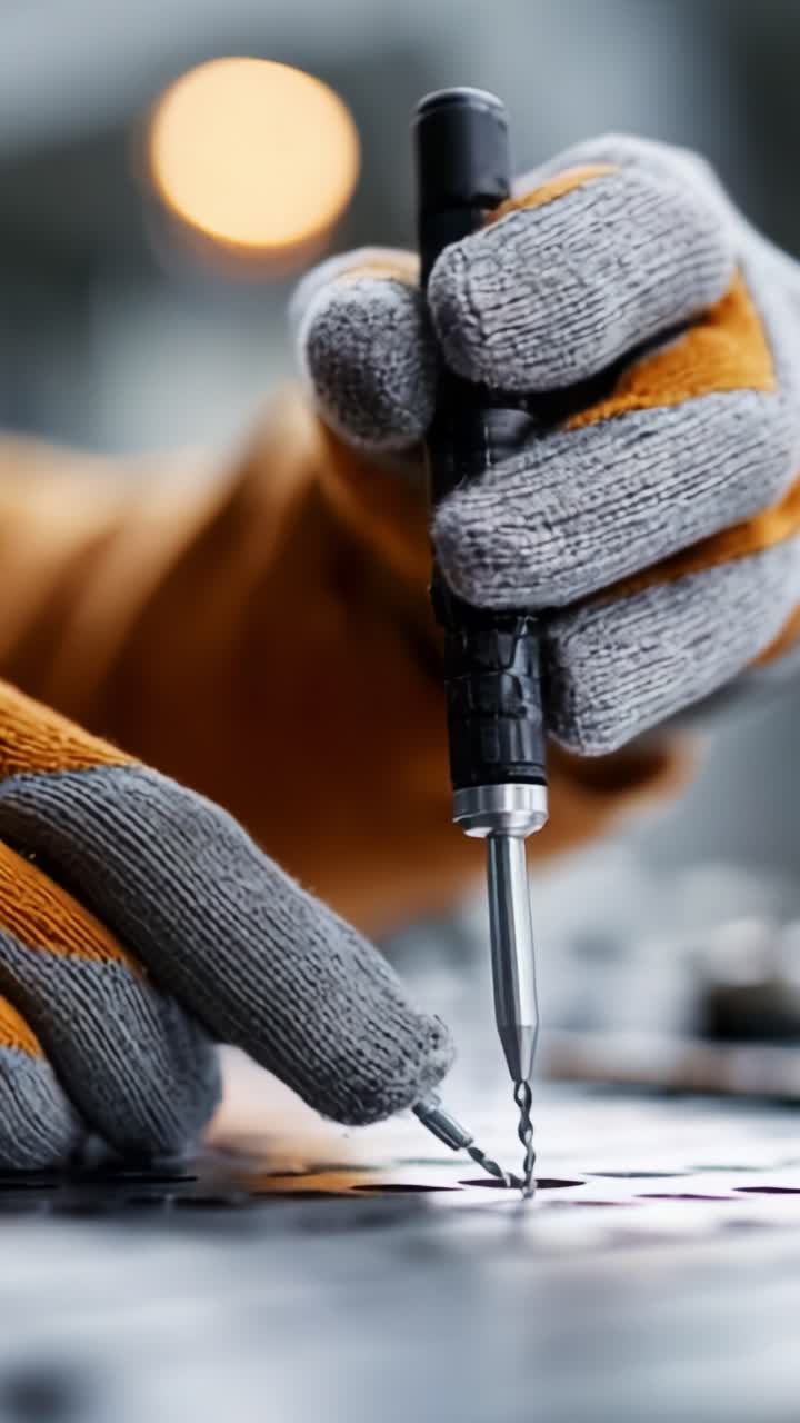 Primo piano di un operaio che utilizza uno strumento di precisione con i guanti per lavori artigianali e produzione di alta precisione, concentrandosi sulla complessa abilità del lavoro manuale