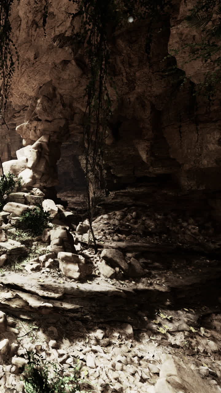 Grotta naturale con rocce e piante in un ambiente ben illuminato durante il giorno