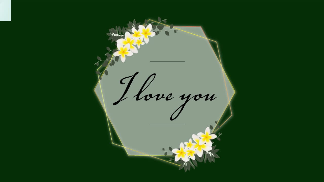 Animation of i love you text with flowers in hexagon shape on green background