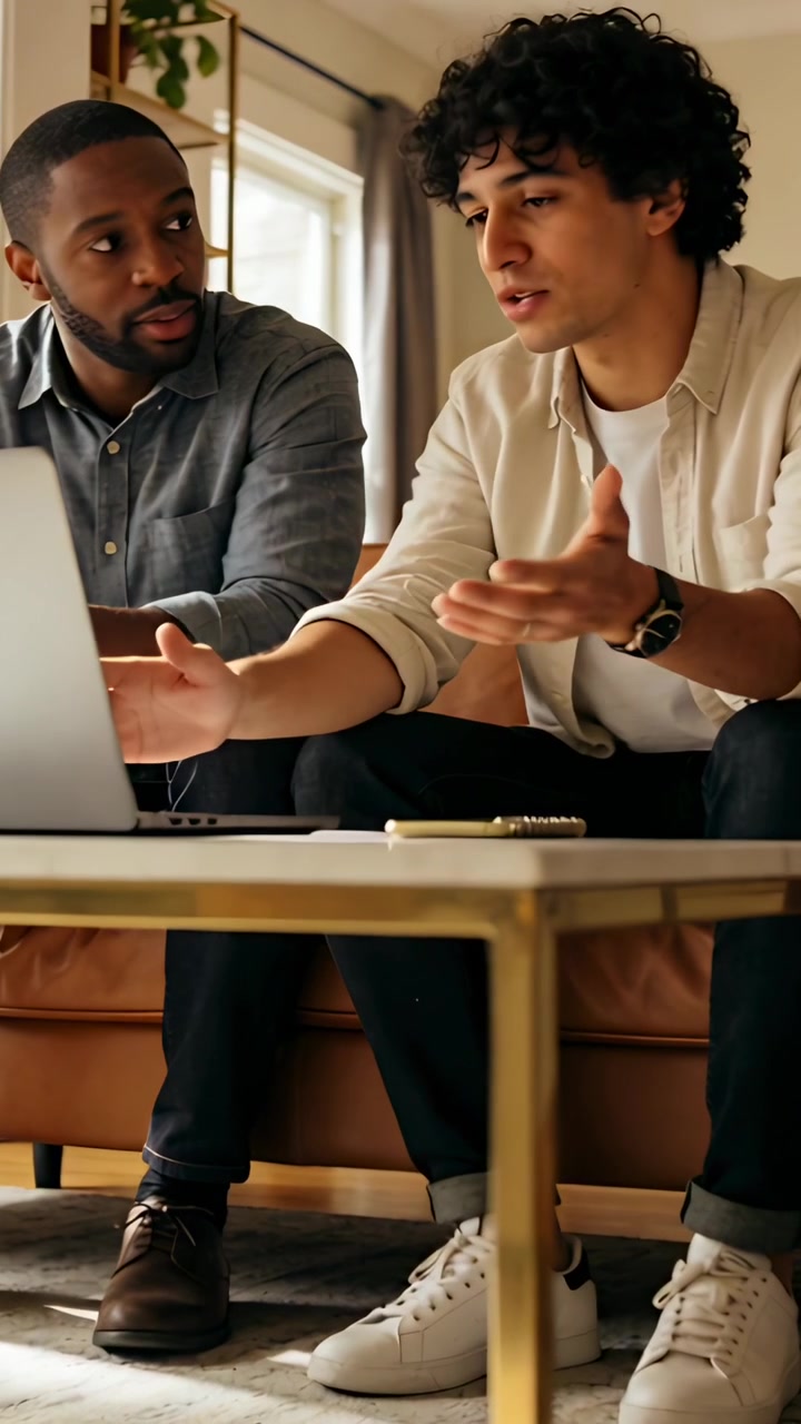 Vertical video: Leaning two men on sofa typing and pointing at laptop and phone, reviewing at home