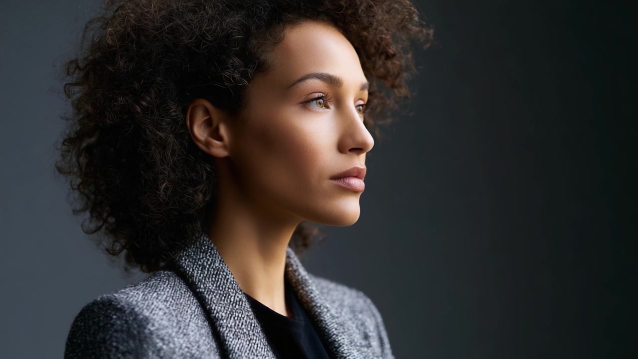 Una donna posata in un blazer grigio, ripresa di profilo su uno sfondo scuro, che enfatizza la sua espressione pensierosa e le sue caratteristiche uniche.
