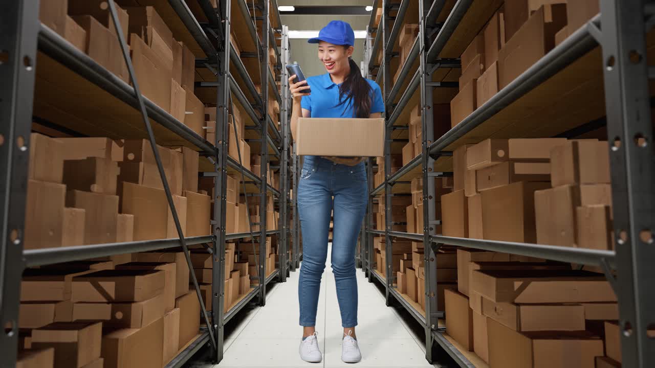 cuerpo lleno de mensajero femenino asiático en uniforme azul usando teléfono inteligente mientras entrega un cartón en el almacén
