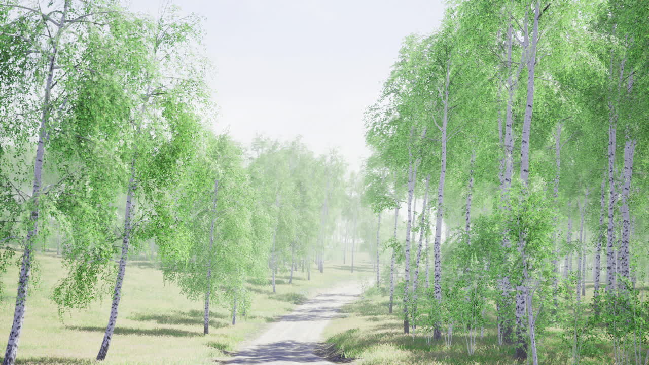 Scenic pathway through lush green birch trees on a bright day in spring