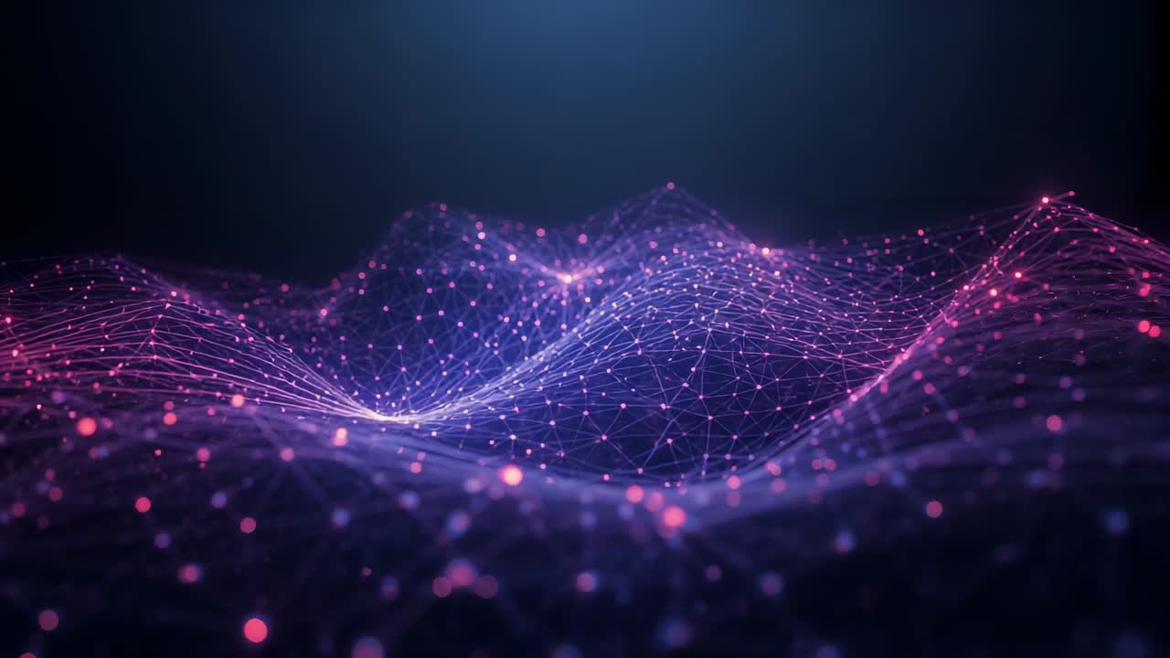 Emerging three-dimensional mesh rising and falling in stylized digital void, with pulsing data flow