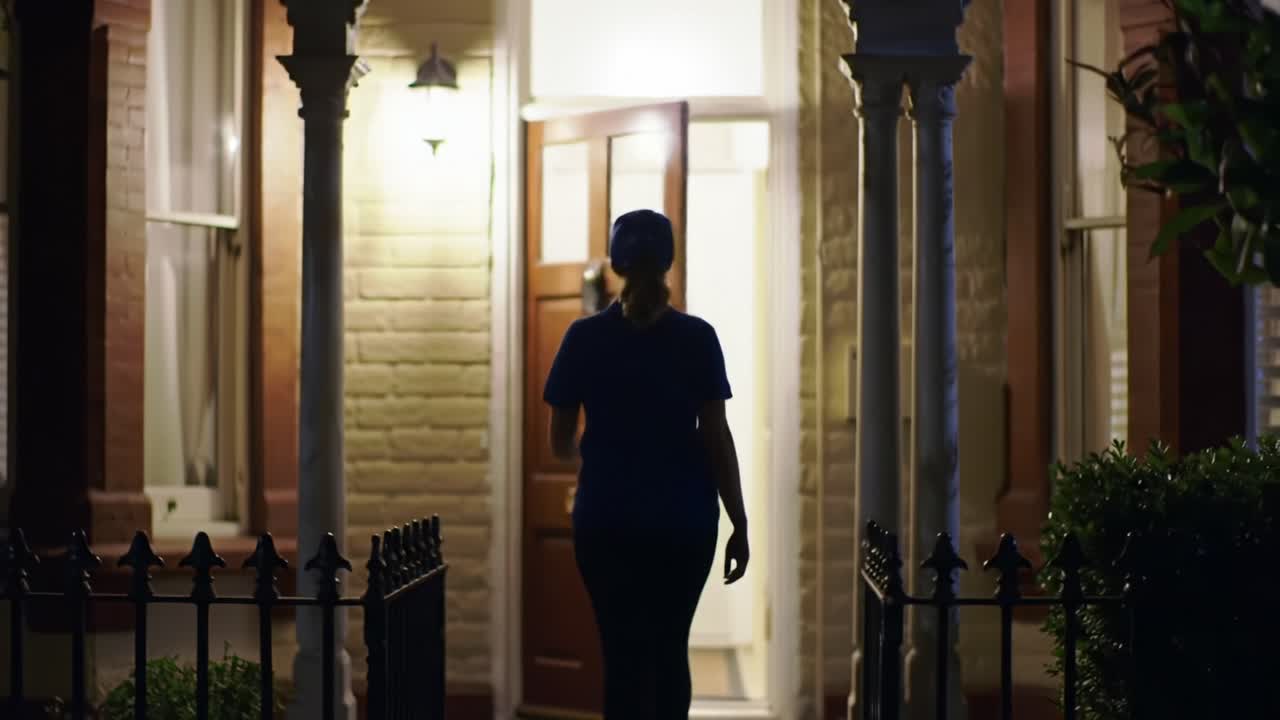 A Delivery Person Approaches and Leaves a Residence at Night, Highlighting the Intimacy of Late-Night Deliveries and the Connection to the Community