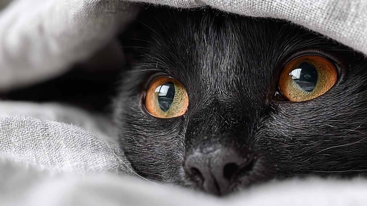 En koselig svart katt som ligger gjemt i myke tepper, fanget i overgangen fra våken nysgjerrighet til fredfull søvn mens den nyter en komfortabel hvileplass