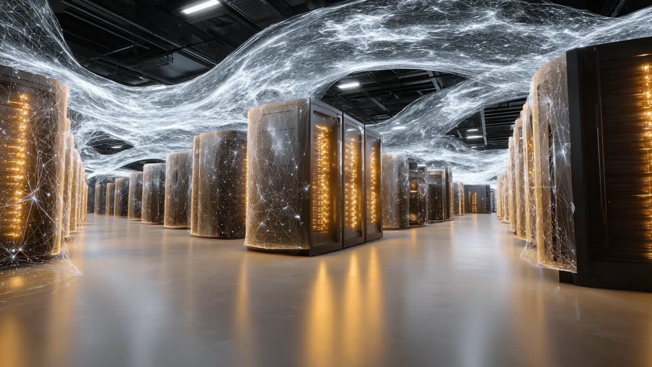 Un Data Center Futuristico Che Emana Energia e Creatività, Mettendo in Mostra Tecnologia Avanzata con una Rete di Luci e Rack Server all'Avanguardia per le Moderne Esigenze Informatiche