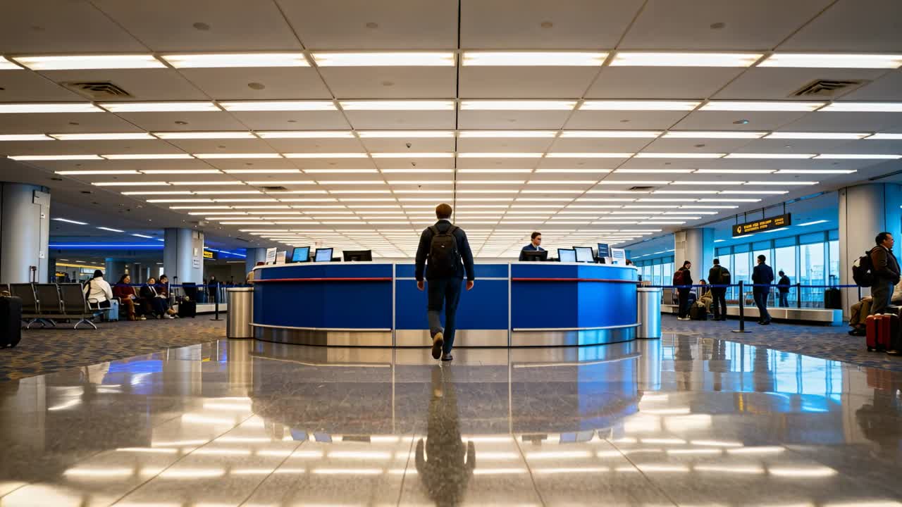 Cercando assistenza, un viaggiatore maschio si avvicina a piedi a un bancone blu al terminal, portando uno zaino.