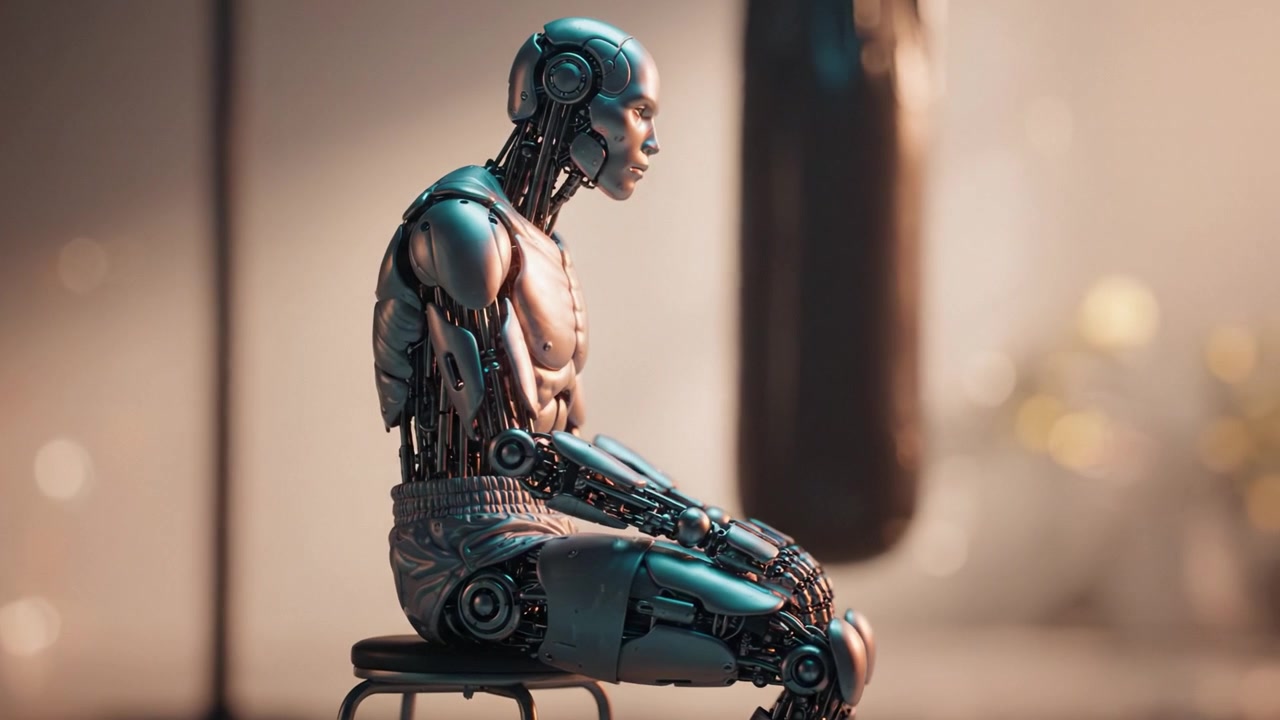 A futuristic humanoid robot seated in contemplation, showcasing advanced technology and design, reflecting on its environment in a serene setting.