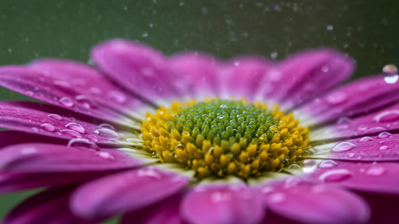 A captivating close-up of a vibrant pink flower adorned with sparkling dew drops, showcasing its intricate petals and lush green center, embodying the beauty of nature's details