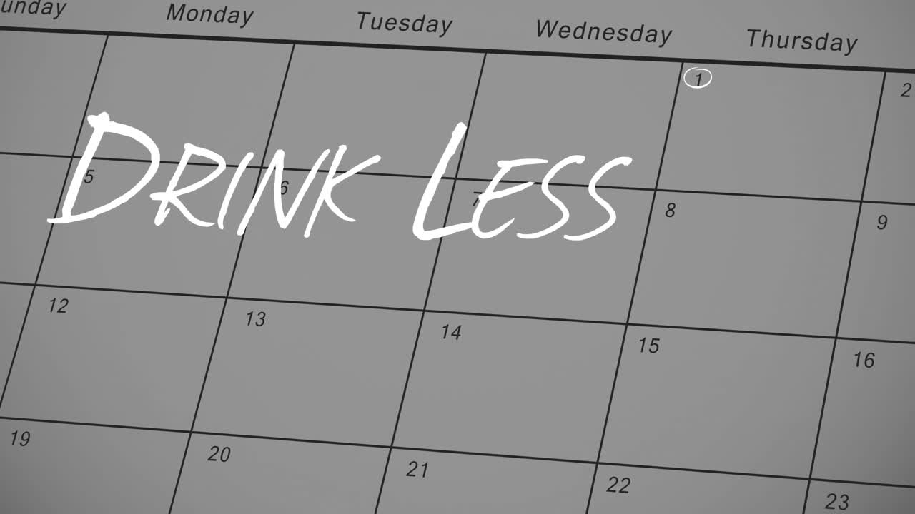 Animation of new year's resolution drink less text in white over january calendar