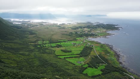 Matmora-Hiking-Trail-View-of-Laukvik,-Lofoten-Islands,-Norway---Aerial