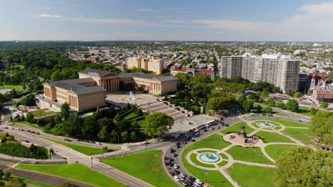 aerial turn revealing museum of art in philadelphia pennsylvania, residential neighborhoods, ben franklin parkway, skyline