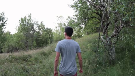 close up shot from behind of a man walking in the summer forest