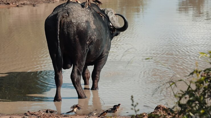 Grande bufalo cafro curato da Bufagidi beccorosso.