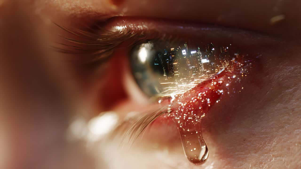 A close-up view of an eye catching the vibrant reflection of a city skyline in its tear, illustrating the emotional connection between human experiences and visual landscapes