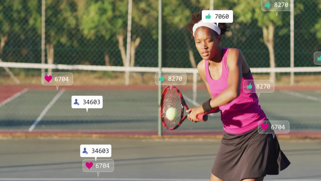 Female tennis player swinging racket on outdoor court, with social media marketing icons floating