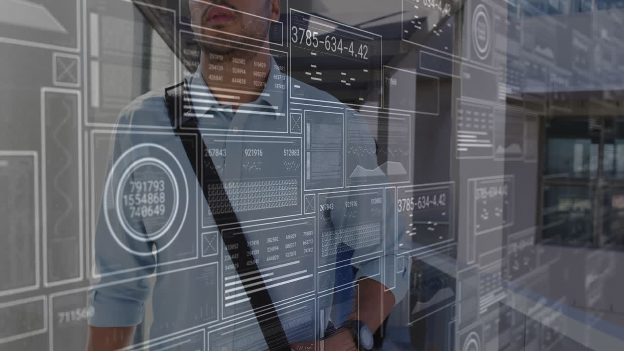 Business professional examining digital panels in corridor, interacting with holographic charts