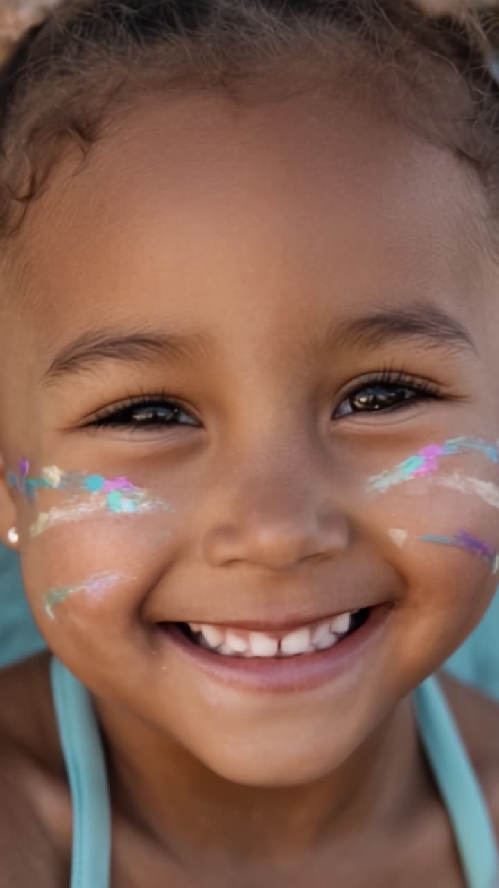 Uma Criança Alegre Exibe Pintura Facial Vibrante, Irradiando Felicidade e Inocência, Incorporando a Essência da Exploração e Criatividade da Infância Despreocupada