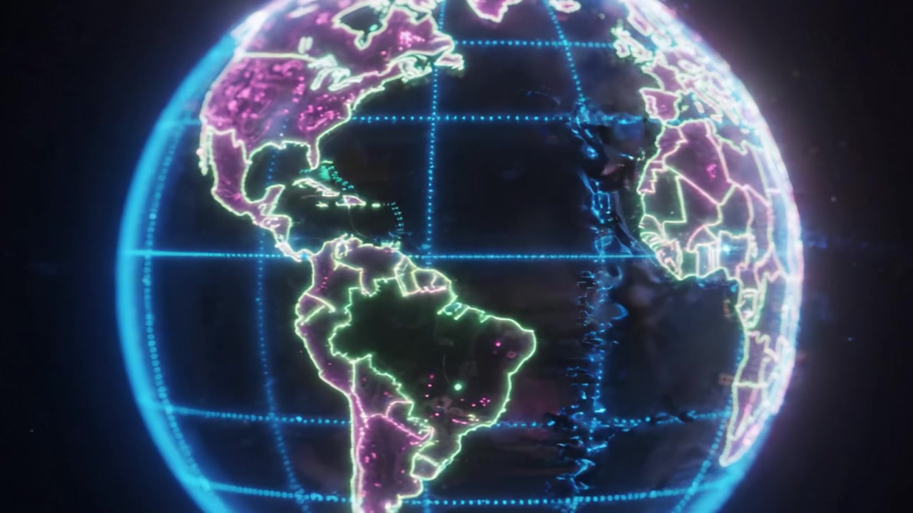 Dynamic Visualization of a Glowing World Map Featuring a Neon Representation of Continents with Enhanced Details and Geographical Borders Highlighted