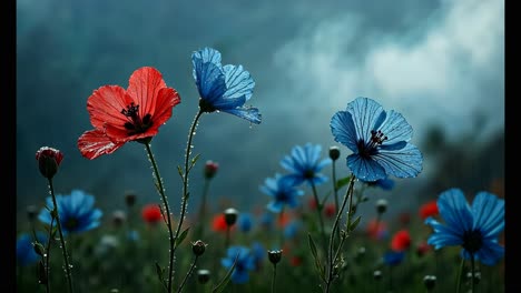 red and blue flowers in a field