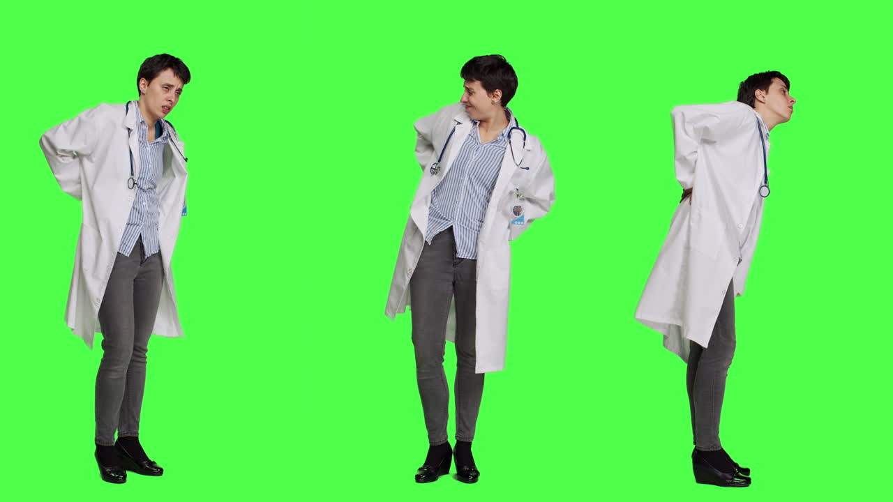 여성 의사가 스튜디오에서 허리 아래쪽의 급성 통증을 경험하고 있습니다.