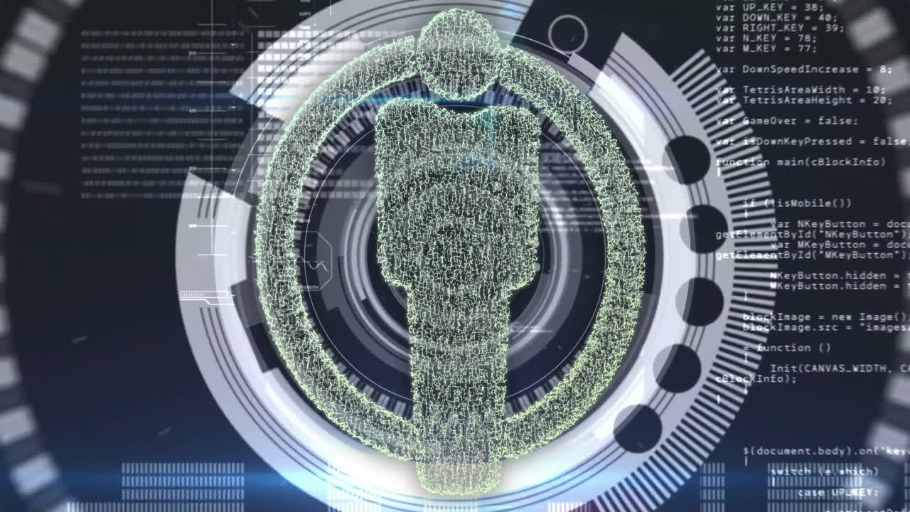 figura humana digital y animación de procesamiento de datos a través de una interfaz futurista
