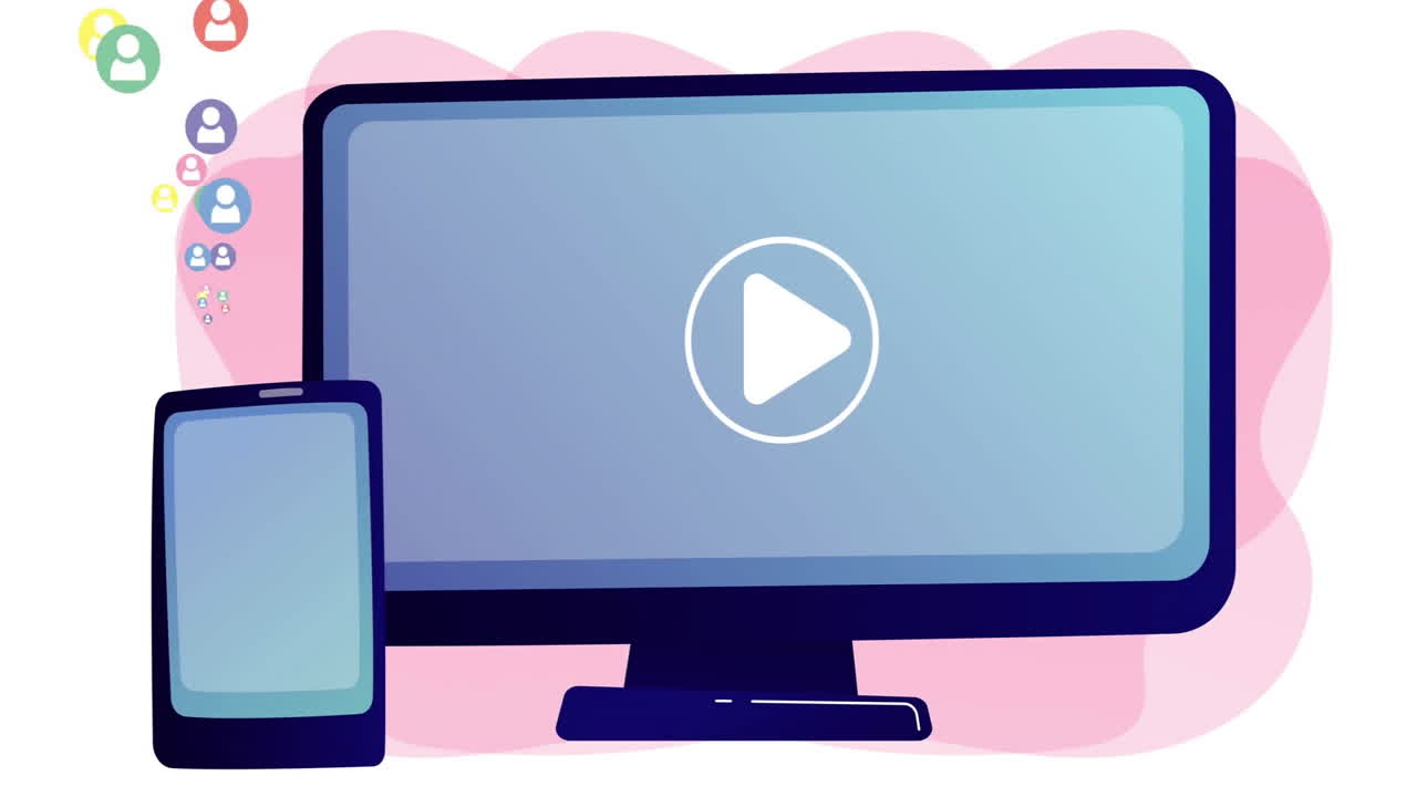Animazione del pulsante "Play" su monitor di computer e smartphone su sfondo rosa