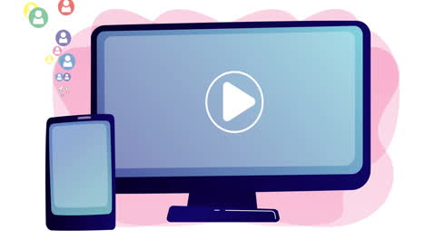 play button animation over computer monitor and smartphone on pink background