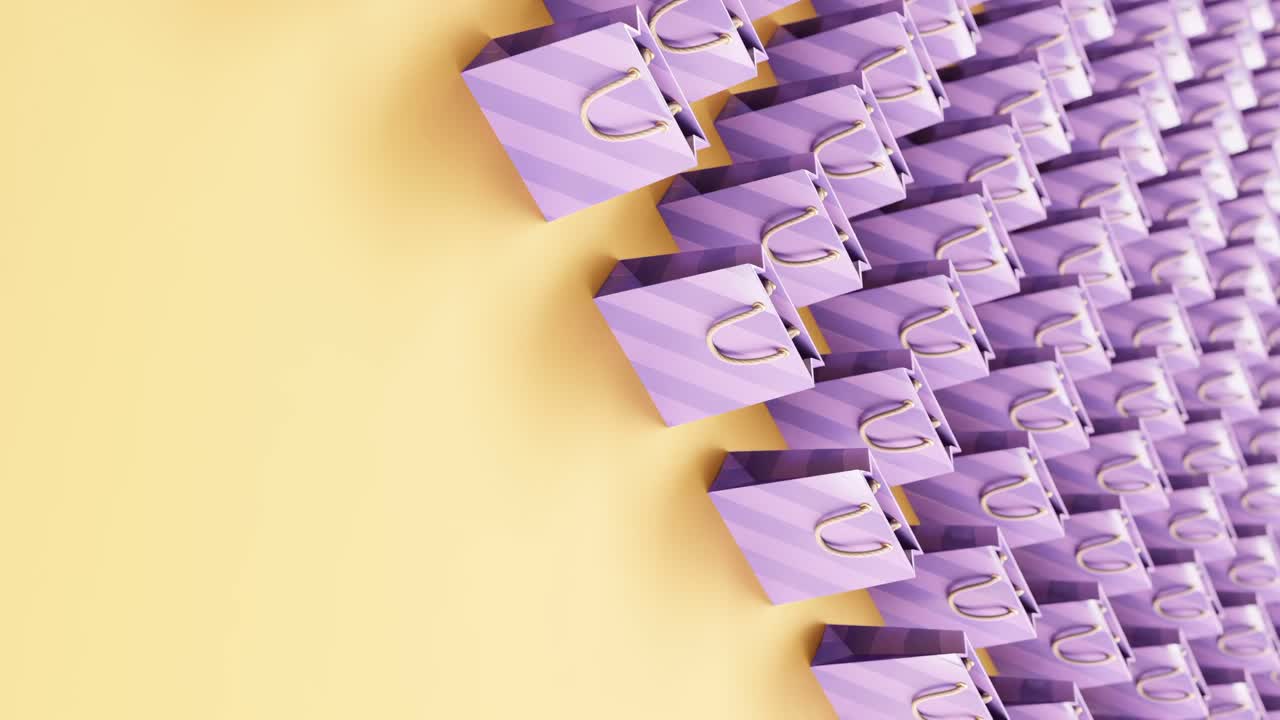 노란색 배경에 스크롤되는 보라색 쇼핑백의 수직 3d 모션 그래픽 일러스트레이션