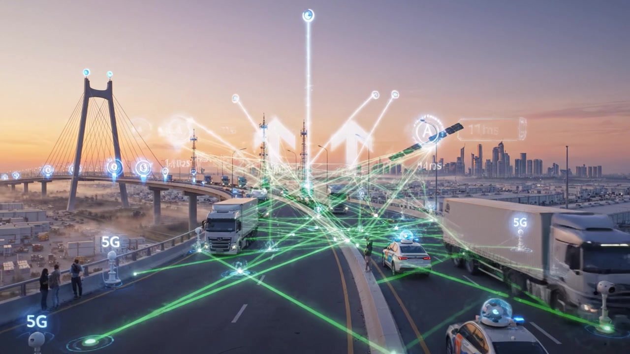 Paesaggio urbano futuristico che mostra veicoli connessi avanzati e infrastrutture sotto un'alba tecnologica in un contesto di città moderna