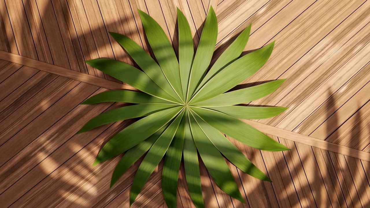 Single green palm leaf rests centered over warm wooden slats, with diagonal plank lines, soft sunlight, gentle shadows, smooth texture, fresh color, and balanced composition creating calm tropical
